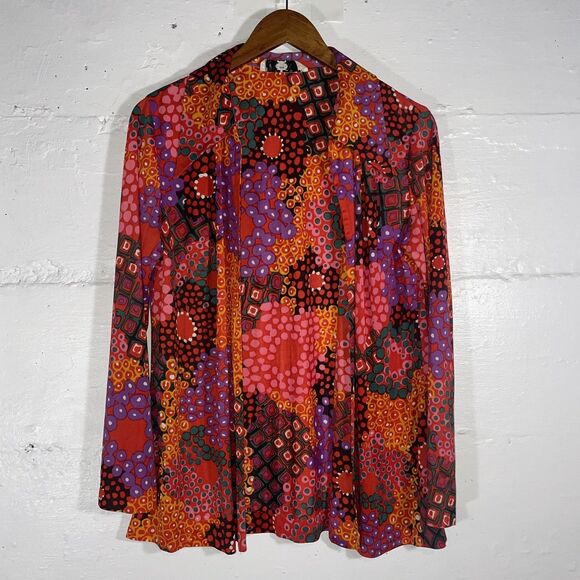 Vintage Psychedelic Print Blouse Red Purple Orange 70s Mod Boho Kenny Classics M - Picture 2 of 9